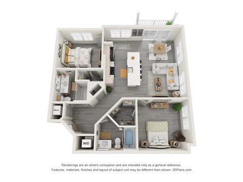 Floor plan for 2 beds, 2 baths, 1113 sqft